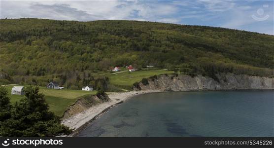 Scenic view of village at coastline, Cape North, Cape Breton Island, Nova Scotia, Canada