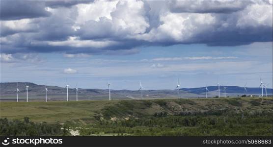 Scenic view of wind turbines on rural landscape, Southern Alberta, Alberta, Canada