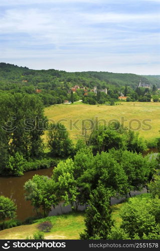 Scenic view on Dordogne river and contryside, Perigord, France