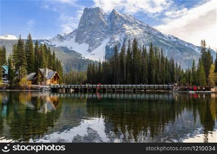 Scenic winter nature view of Emerald Lake with Rocky mountain in Yoho National Park, British Columbia, canada