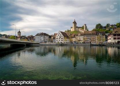 Schaffhausen, SH / Switzerland - 22 April 2019  view of the city of Schaffhausen with the bridge across the Rhine