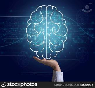 Schematic icon of human brain and male hand on a blue background. Artificial intelligence concept, new ideas