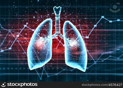 Schematic illustration of human lungs. Schematic illustration of human lungs with the different elements on a colored background. Collage.