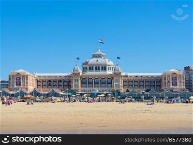 Scheveningen beach with Kurhaus landmark, The Hague Netherlands. Scheveningen beach, The Hague
