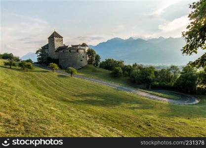 Schloss Vaduz Castle, Principality of Liechtenstein, Europe. View from green valley.