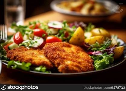 Schnitzel with potatoes and vegetables. Generative AI