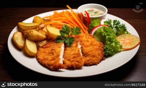 Schnitzel with potatoes and vegetables. Schnitzel with potatoes and vegetables.