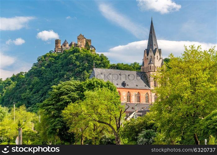 Schonburg Castle and Liebfrauenkirche (Church of Our Lady) at Rhine Valley (Rhine Gorge) near Oberwesel, Germany. Built some time between 1100 and 1149.