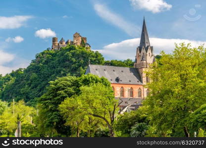 Schonburg Castle and Liebfrauenkirche (Church of Our Lady) at Rhine Valley (Rhine Gorge) near Oberwesel, Germany. Built some time between 1100 and 1149.