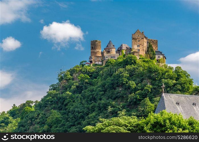 Schonburg Castle at Rhine Valley (Rhine Gorge) near Oberwesel, Germany. Built some time between 1100 and 1149.