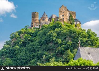 Schonburg Castle at Rhine Valley (Rhine Gorge) near Oberwesel, Germany. Built some time between 1100 and 1149.