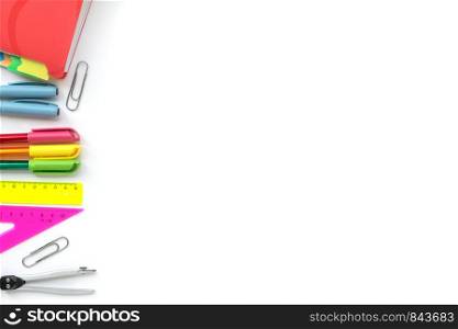 School and Office drawing supplies isolated on white background. Free space for text. Back to school. Top view border of colour pens, rulers and note. Back to school. School and Office drawing supplies isolated on white background. Free space for text.