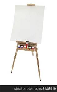 School art easel, washable paints and brushes. Blank poster board canvas for adding text. Shot in studio over white.