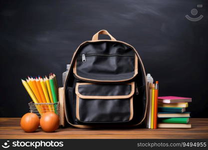 School bag and textbooks in front of a blackboard on a school desk. Back to school concept.