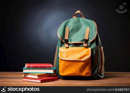 School bag and textbooks in front of a blackboard on a school desk. Back to school concept.