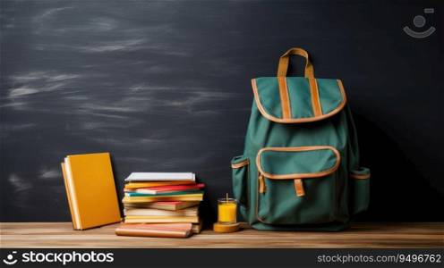 School bag and textbooks in front of a blackboard on a school desk. Back to school concept.