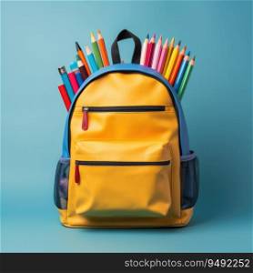 School bag and textbooks in front of a blue background. Back to school concept