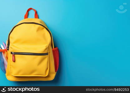 School bag and textbooks in front of a blue background. Back to school concept