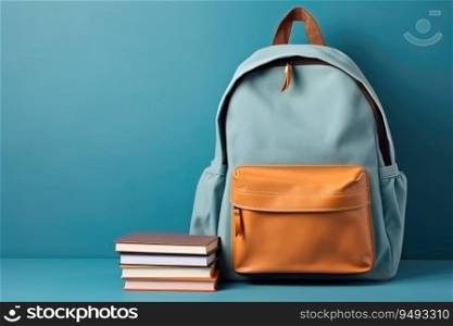 School bag and textbooks in front of a blue background. Back to school concept