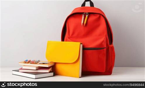 School bag and textbooks in front of a white background. Back to school concept.