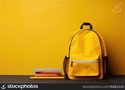 School bag and textbooks on yellow background. Back to school concept
