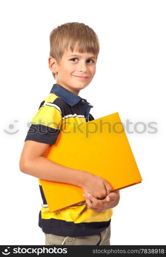 School boy is holding a book isolated on white background