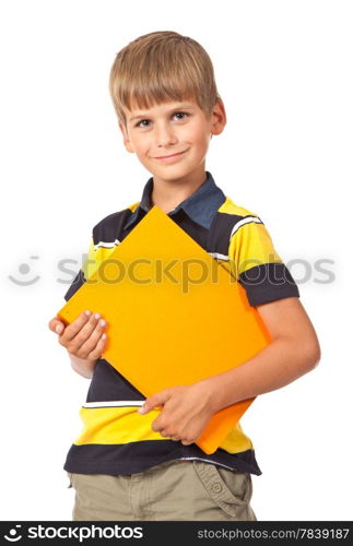 School boy is holding a book isolated on white background
