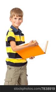 School boy is holding a book isolated on white background. Back to school