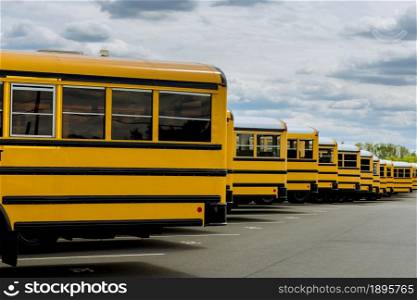 School bus on american town road in the morning to school. School bus on american town road in the morning