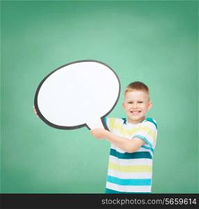 school, childhood, conversation, education and people concept - smiling little boy with blank text bubble green board background