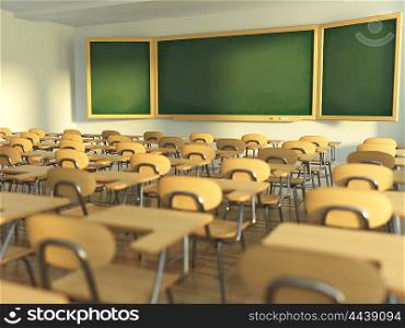School classroom with empty school chairs and blackboard. Back to school concept. 3d illustration