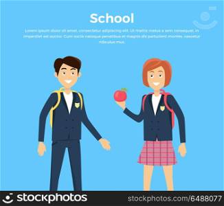 School concept vector illustration in flat design.. School concept vector. Flat design. Smiling pupils boy and girl with backpacks and apple standing on blue background. Picture for child learning years, students friendship illustrating.