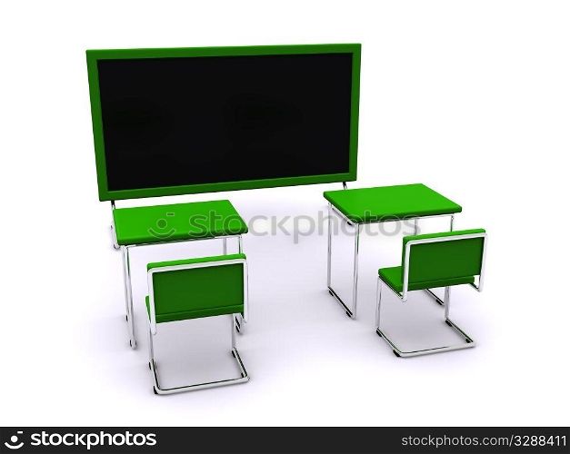 school desks with board. 3d
