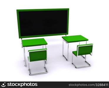 school desks with board. 3d