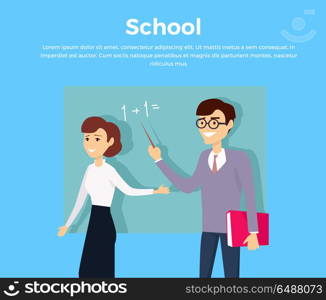 School Education Concept Banner. School education concept banner design flat style. Man and a woman teacher near blackboard. Education university and study student, learning graduation knowledge mathematics, vector illustration