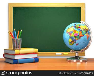 School education concept. Blackboard, books, globe and pencils. 3d