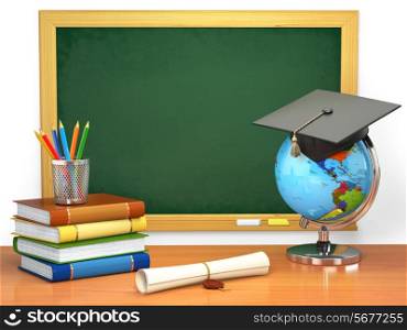 School education concept. Mortar board, blackboard, books, globe and pencils. 3d