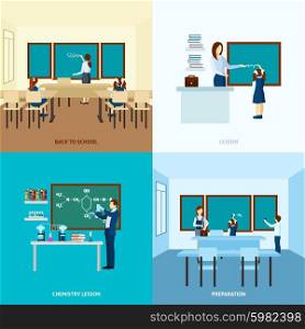 School Education Concept Set. School education concept set with teacher at blackboard and children in class vector illustration