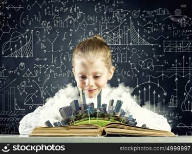 School education. Cute schoolgirl with opened book against sketch background