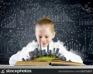 School education. Cute schoolgirl with opened book against sketch background