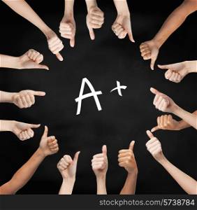 school, education, gesture and people concept - human hands showing thumbs up in circle over black board background with a mark