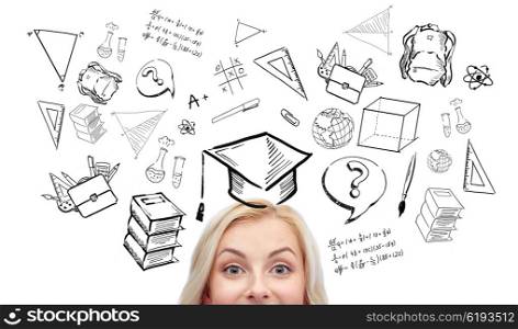 school, education, learning and people concept - happy young woman or teenage girl face with doodles