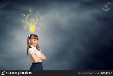 School kid. Cute schoolgirl and electrical bulb above head