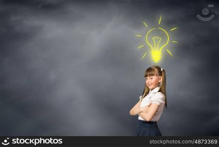 School kid. Cute schoolgirl and electrical bulb above head