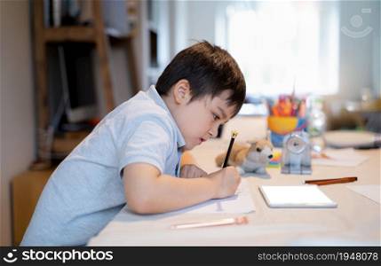 School Kid using colour pen drawing and painting on white paper sheet, A boy doing online home work by using tablet, Child colouring dog toys on paper, E-learning online education