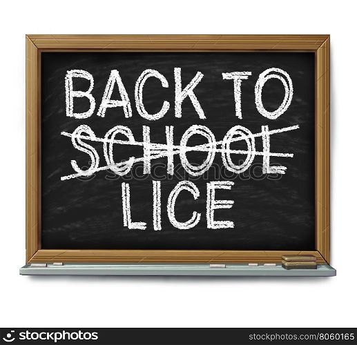 School lice problem as a medical concept with with text written on a classroom blackboard as a symbol for the danger of student infestation of parasitic nits or eggs from the hair of students as a symbol of infection and treatment as a 3D illustration.