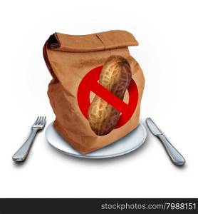 School lunch allergy concept as a brown bag with a peanut free icon as a food health risk and department of education menu policy as an allergic student safety issue.