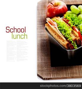 school lunch and blank chalk board over white
