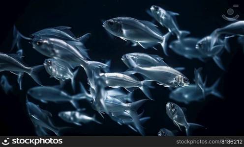 School of small silver fish underwater. Marine life. Generative AI.. School of small silver fish underwater. Marine life. Generative AI