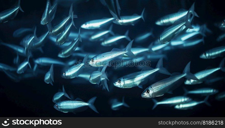 School of small silver fish underwater. Marine life. Generative AI.. School of small silver fish underwater. Marine life. Generative AI